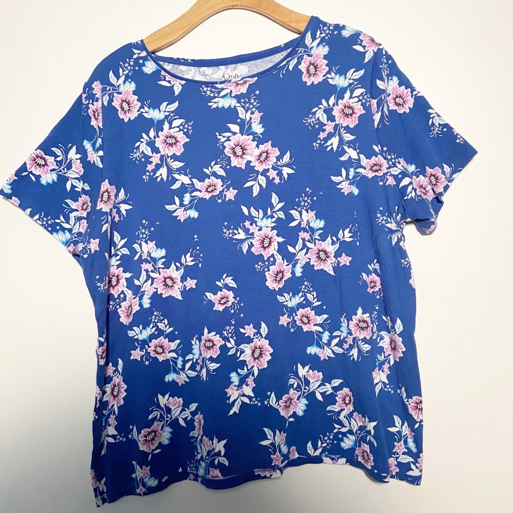 Croft & Barrow Classic Tee Women 1X Blue Floral Short Sleeve Cotton Top Casual